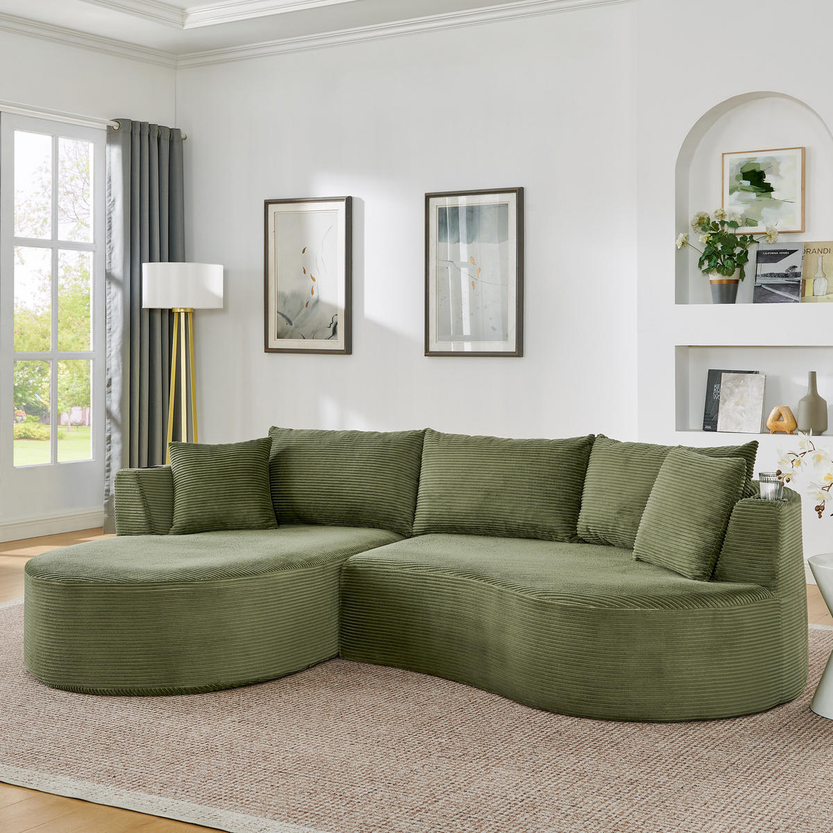 3-SITZER ECKSOFA Cord Grün mit Getränkehaltern und mit Kissen - Grün, Textil (264/168cm) - WISHDOR