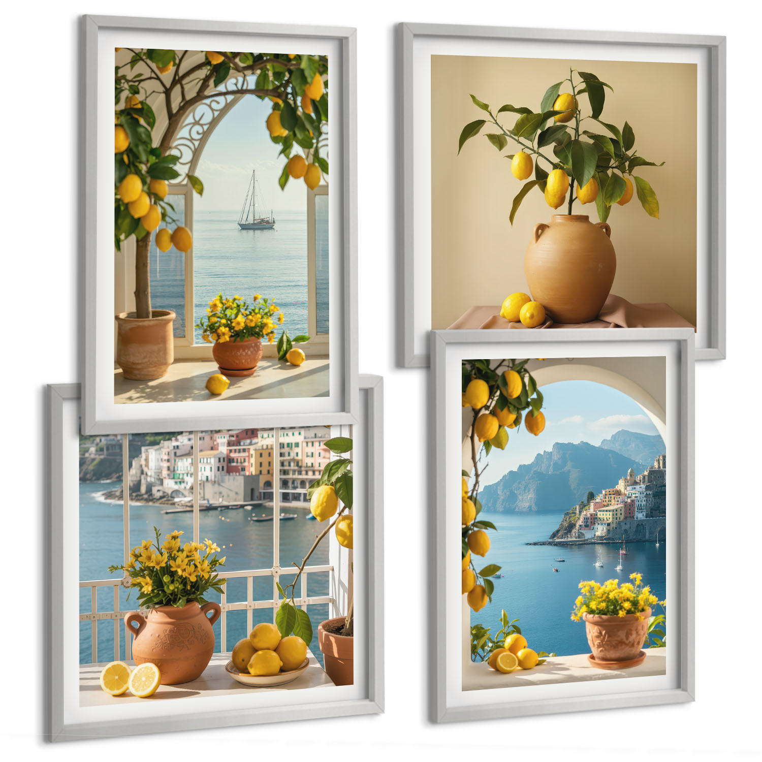 BILDER SET 4er Set - 50x50 cm & 40x60 cm Silberner Rahmen - Zitronenblumen aus der Küstenstadt - Silberfarben, Kunststoff (50/50cm) - TULUP
