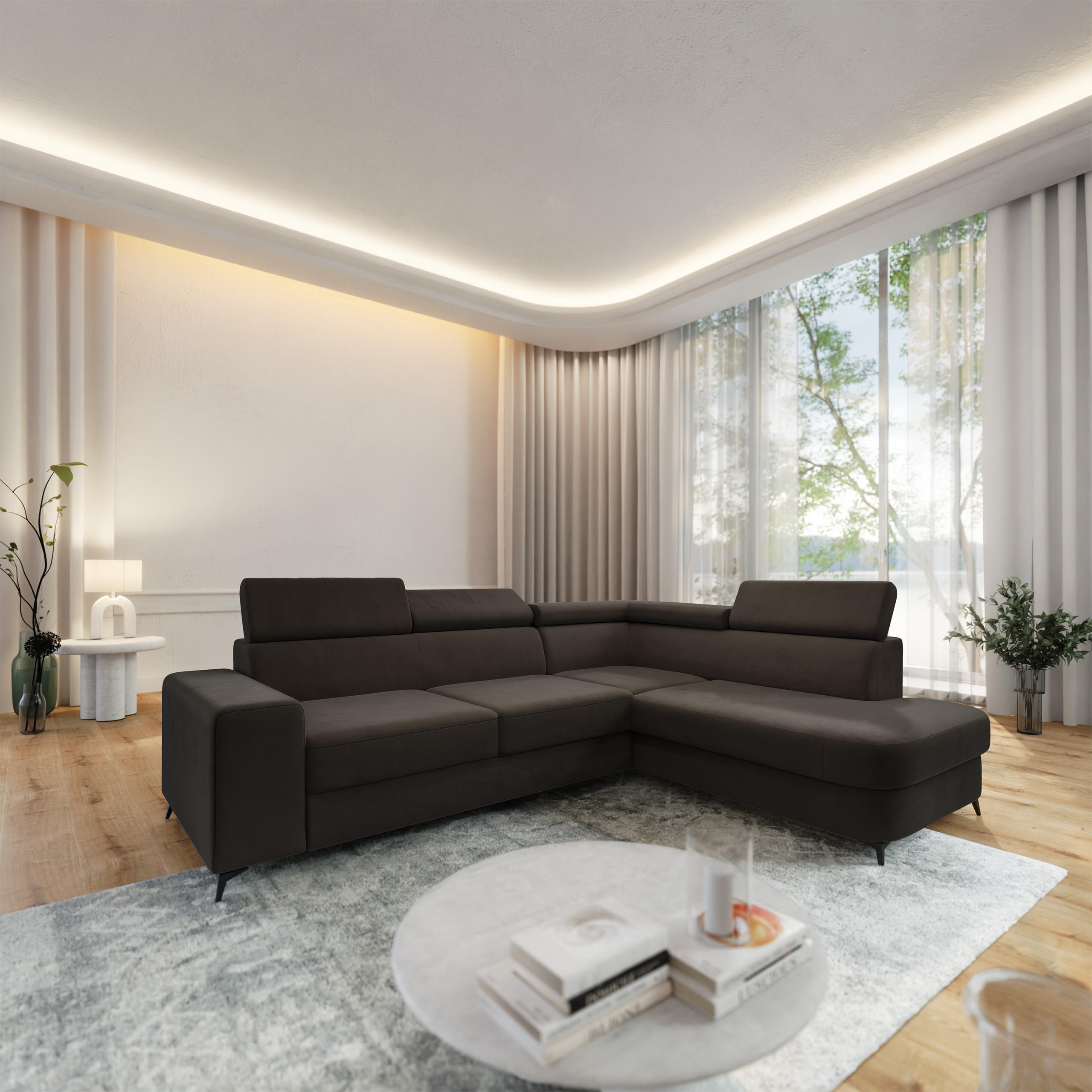 ECKSOFA ALVORO R-S Braun Velours-Stoff mit Schlaffunktion - Braun, Holz (253/190cm) - MASSENO