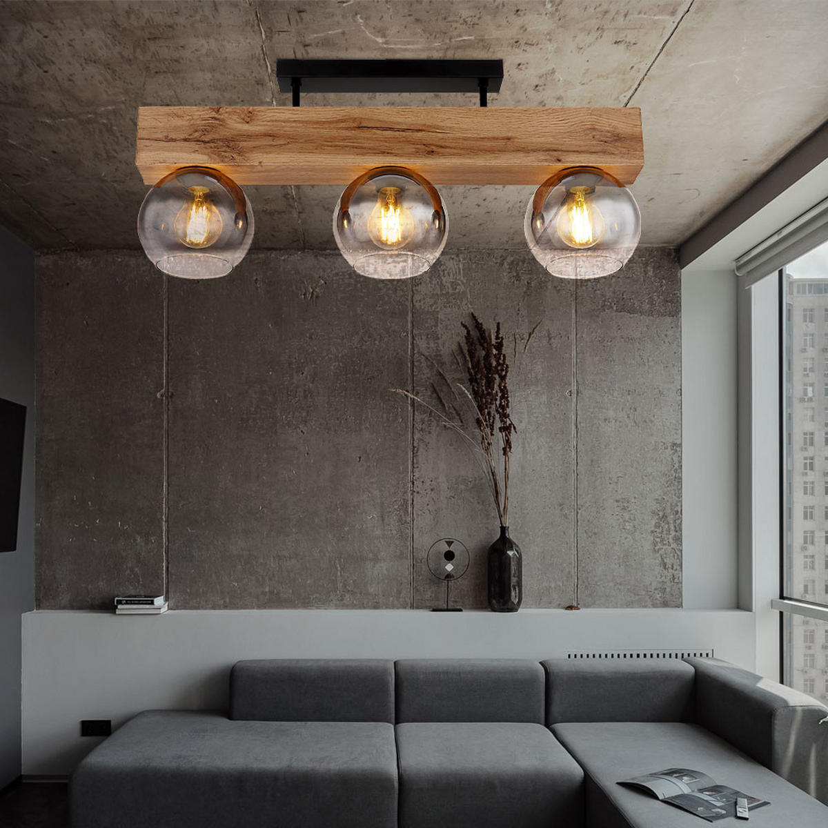 DECKENLEUCHTE MOITAS Braun Holzoptik - Braun, Glas (65/15/28cm) - Globo Lighting