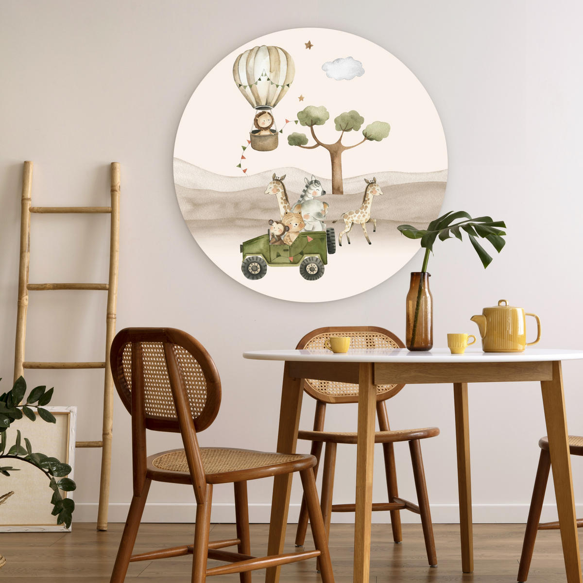 WANDBILD Wilde Tiere - Safari - Aquarell - Heißluftballon 90x90 cm - Beige, Kunststoff (90/90cm) - MuchoWow