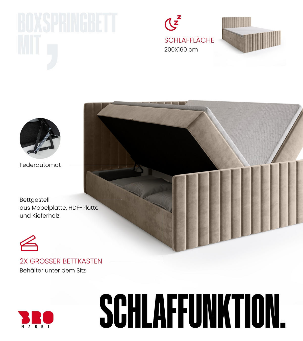 BOXSPRINGBETT Dream Duo mit Topper 160/200 Beige - Ecru, Kunststoff (160/200cm) - Bromarkt