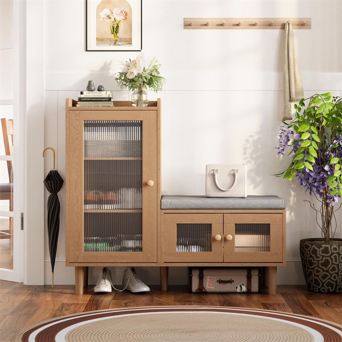 SCHUHSCHRANK mit integrierter Sitzbank - Mehrzweck-Schuhschrank mit geriffelten Glastüren und Sitzkissen - Natur - Nussbaumfarben, Holzwerkstoff (35/69.5/100cm) - DELFA