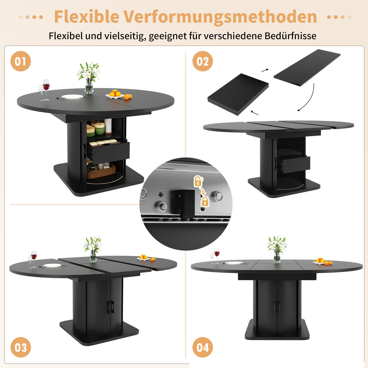 ESSTISCH in Schwarz Runder Küchentisch mit 118-158 ausziehbarer Tisch und Schubladen, 118-158/118/76cm - Schwarz, Holzwerkstoff (118/118/76cm) - STILVORA