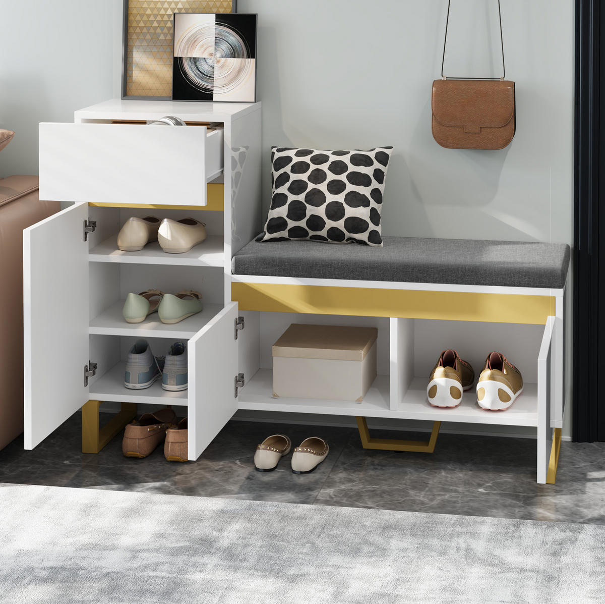SCHUHSCHRANK 120/35/85 cm weiß aus MDF mit Sitzkissen und Schublade - Weiß, Holzwerkstoff (120/85/35cm) - OKWISH