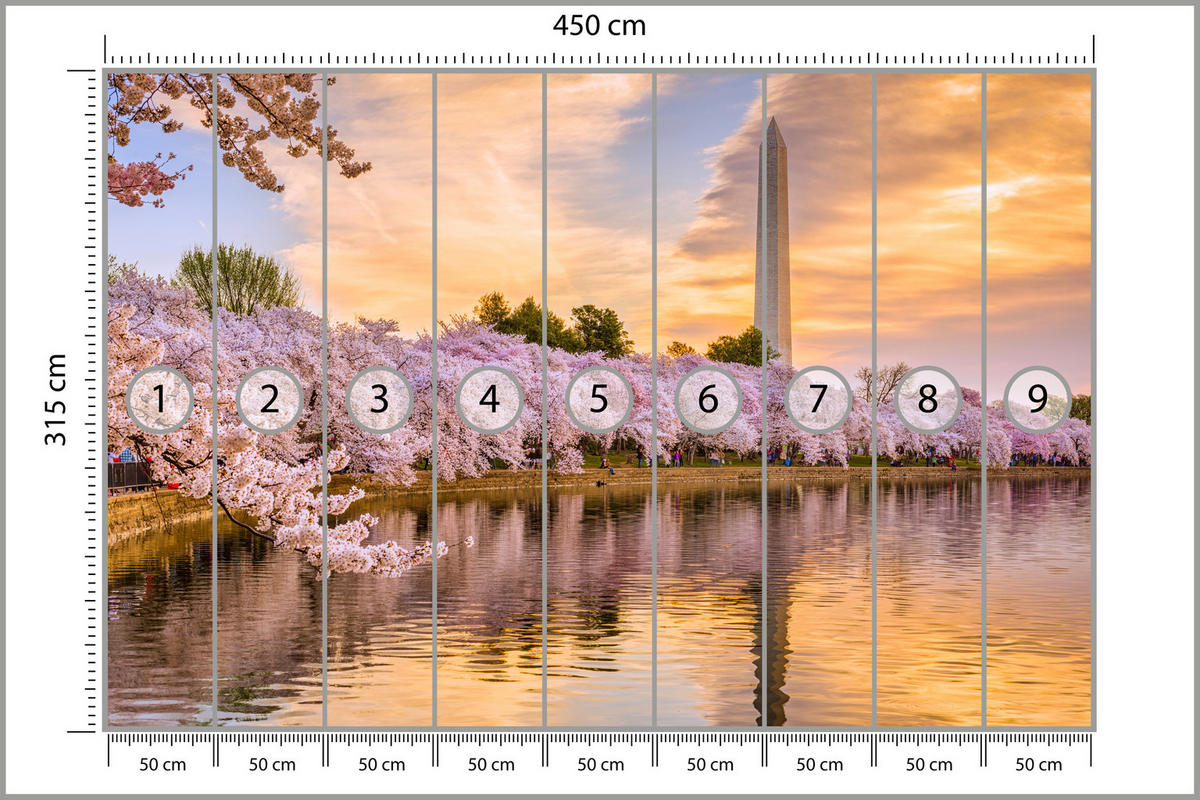 FOTOTAPETA Kvitnúce Čerešne Rieka Príroda Jar Západ Slnka 450 x 315 cm - oranžová/modrá, papier (450/315cm) - Muralo