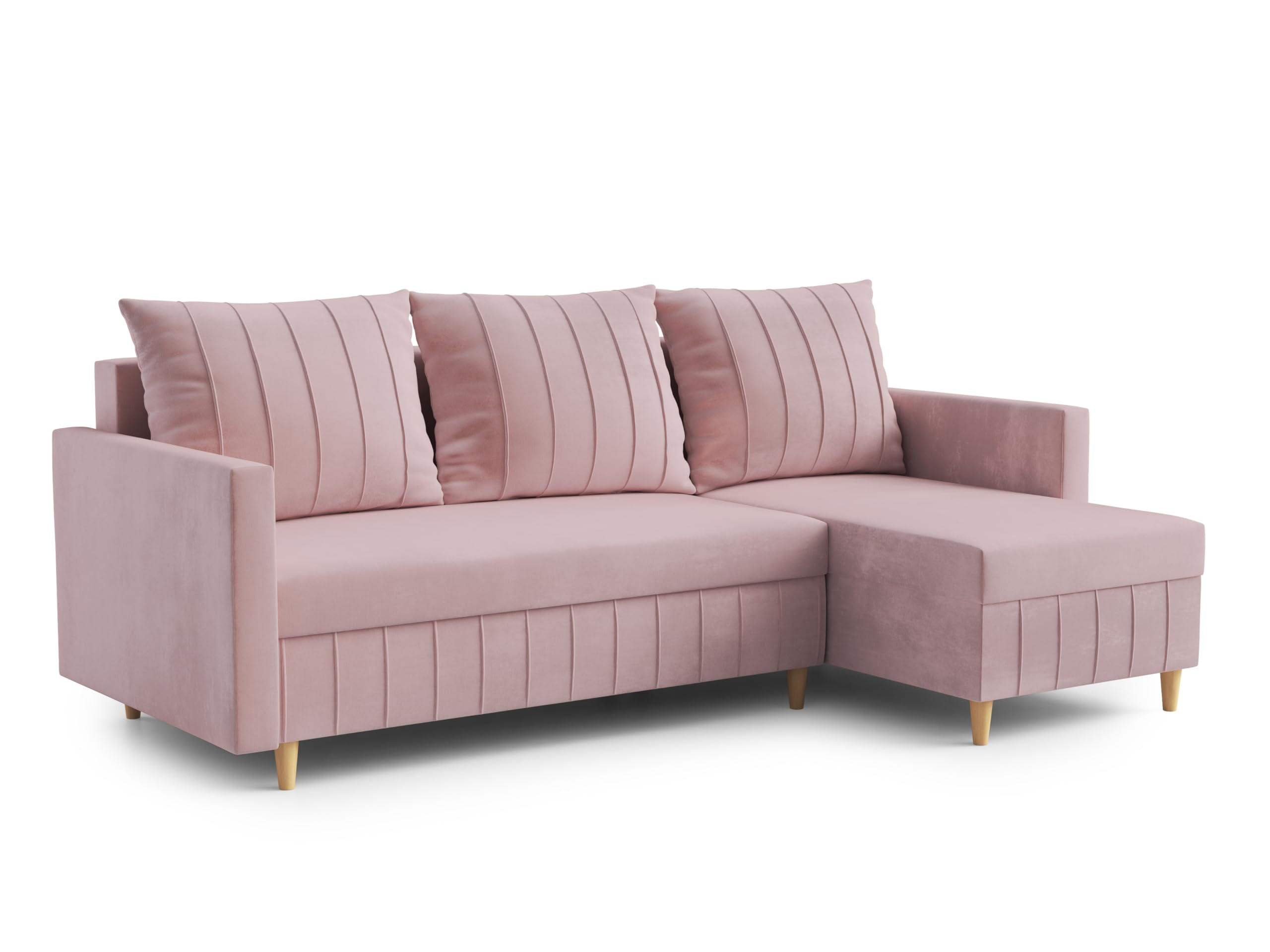 ECKSOFA FOX L-förmig Modernes Verstellbare Kopfstützen Luxuriöser Velours Schlaffunktion lose Rückenkissen freistehend RECHTS 224x146x98 cm Pink - Pink, Holz/Textil (224/146cm) - DomoHome