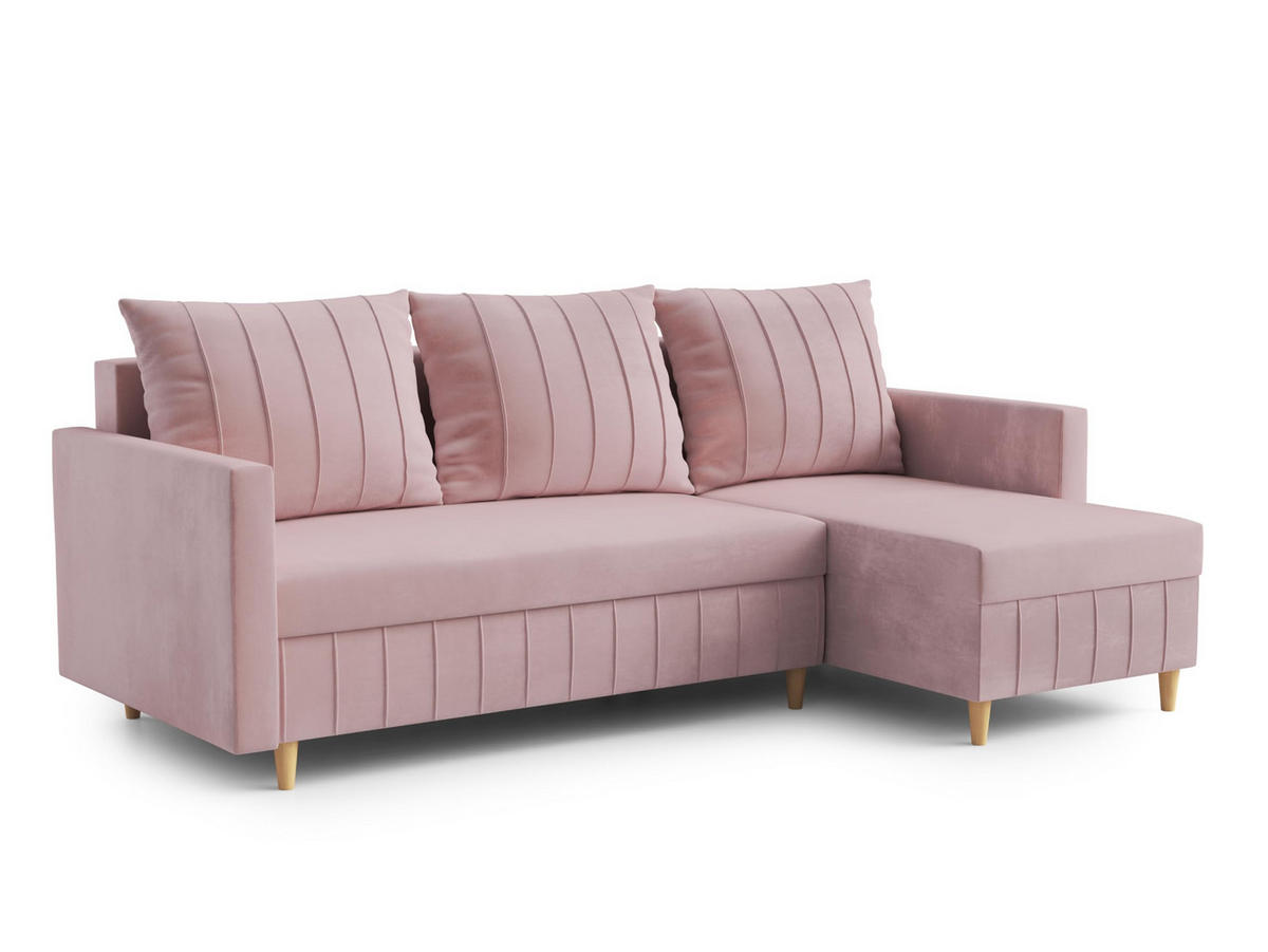 ECKSOFA FOX L-förmig Modernes Verstellbare Kopfstützen Luxuriöser Velours Schlaffunktion lose Rückenkissen freistehend RECHTS 224x146x98 cm Pink - Pink, Holz/Textil (224/146cm) - DomoHome