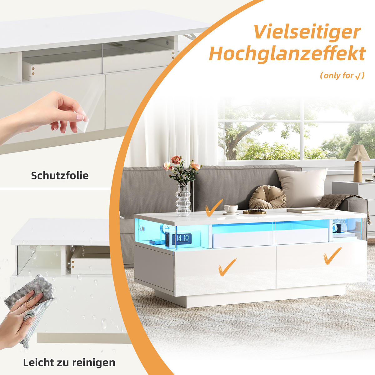 COUCHTISCH 90/45/35,5 cm Weiß Hochglanz mit LED-Beleuchtung mit Tablett und 2 Schubladen - Weiß, Holzwerkstoff (90/45/35.5cm) - OKWISH