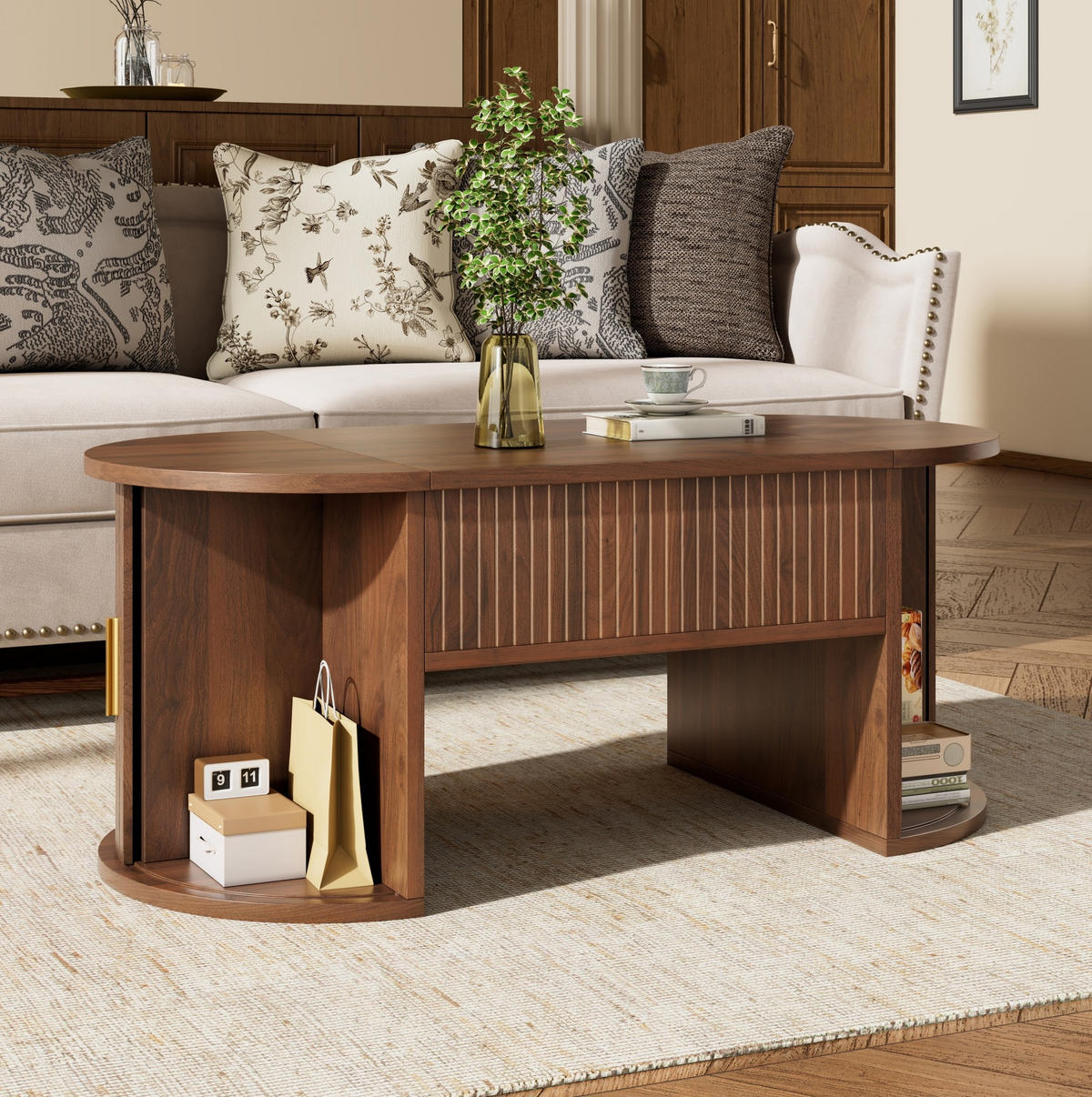 COUCHTISCH höhenverstellbar 100 x 50 cm MDF Nussbaum mit Stauraum - Braun, Holz (100/50/40.5cm) - Meubliv