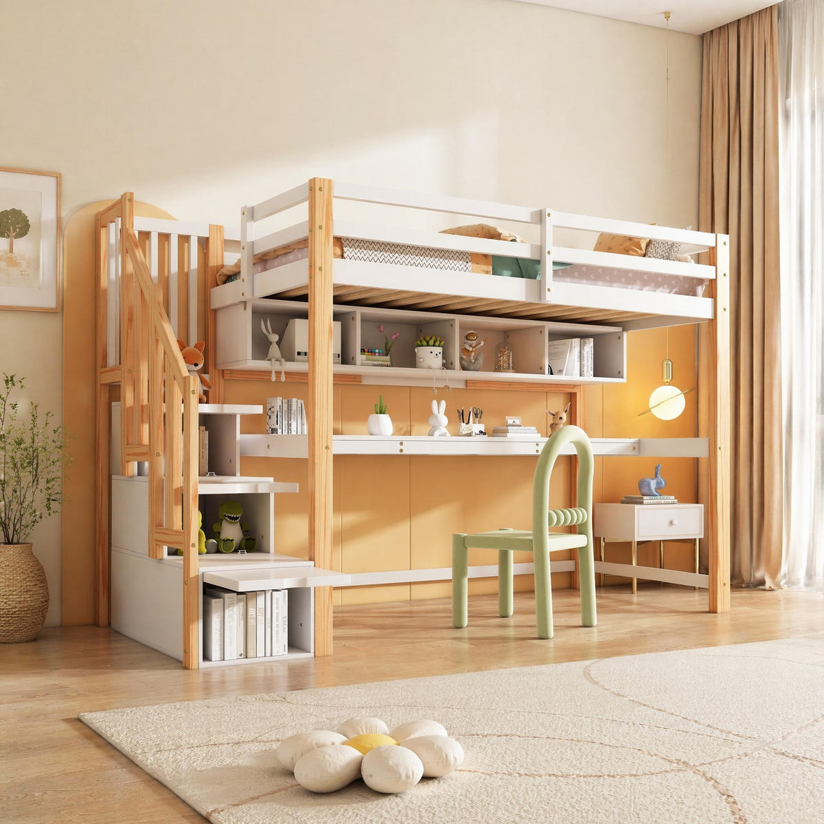 HOCHBETT 90/200 mit Schreibtisch, Stauraumtreppe und Regalen in Natur und Weiß - Naturfarben, Holz (90/200cm) - EVRYAE