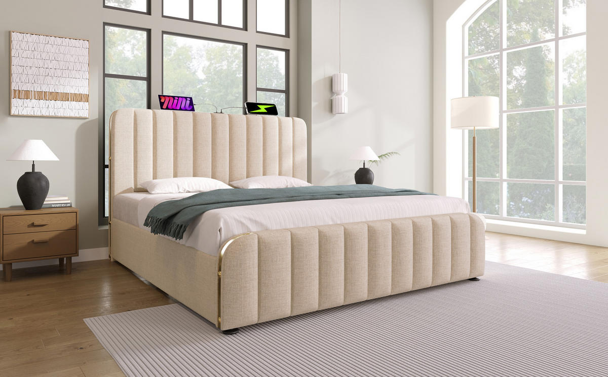 POLSTERBETT 180/200 cm in Beige mit Bettkasten, USB und Type-C Leinen - Beige, Holzwerkstoff/Textil (180/200cm) - STILVORA
