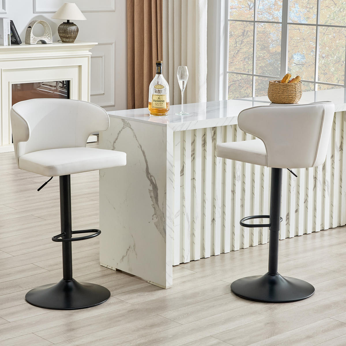 BARHOCKER DE-36727 2er-Set höhenverstellbar mit 360°-Drehung und PU Schwarz - Weiß, Metall (45/110/49.7cm) - ComfortXL