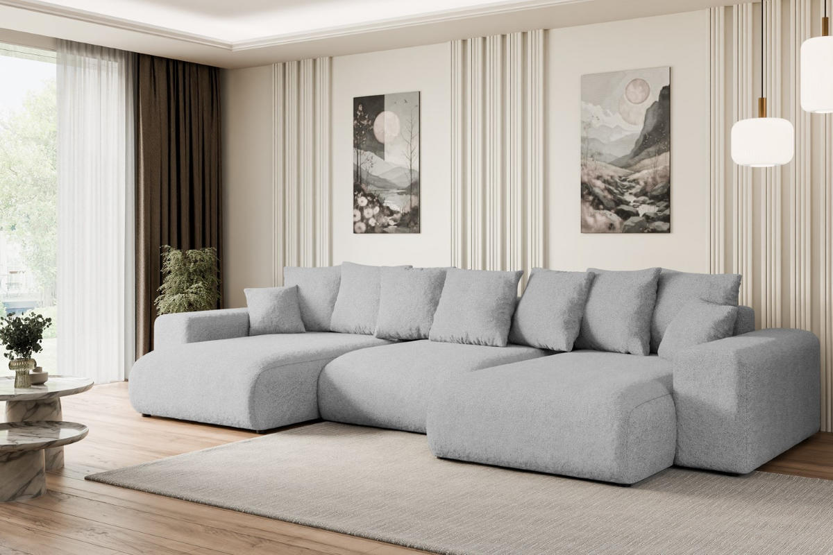 WOHNLANDSCHAFT mit Schlaffunktion und Bettkasten ESKAR-U -352x165x84cm Grau Bouclé - Hellgrau/Schwarz, Holzwerkstoff/Kunststoff (352/84/165cm) - ALTDECOR