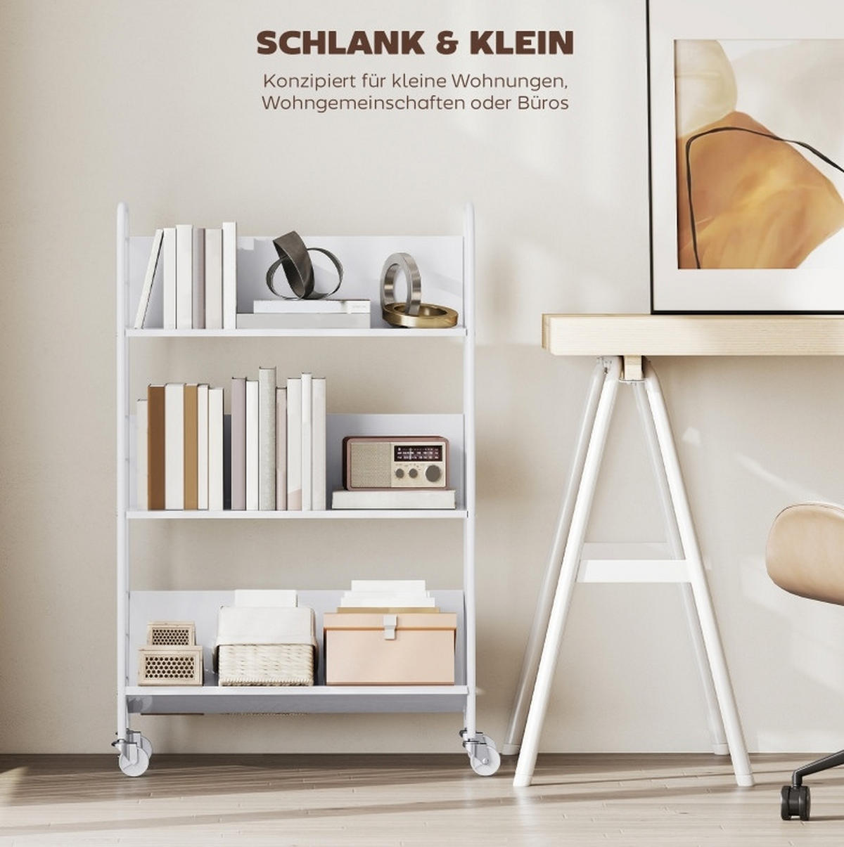 BÜCHERREGAL 69/26/108 cm mit 3 Ebenen, Rollen und Metallgestell, platzsparend, Weiß - Weiß, Metall (69/108/26cm) - Redom