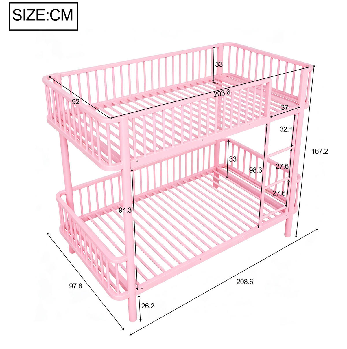 ETAGENBETT aus Metall 90x200 cm Pink mit Sicherheitsgeländern - Pink, Metall (90/200cm) - Modfu