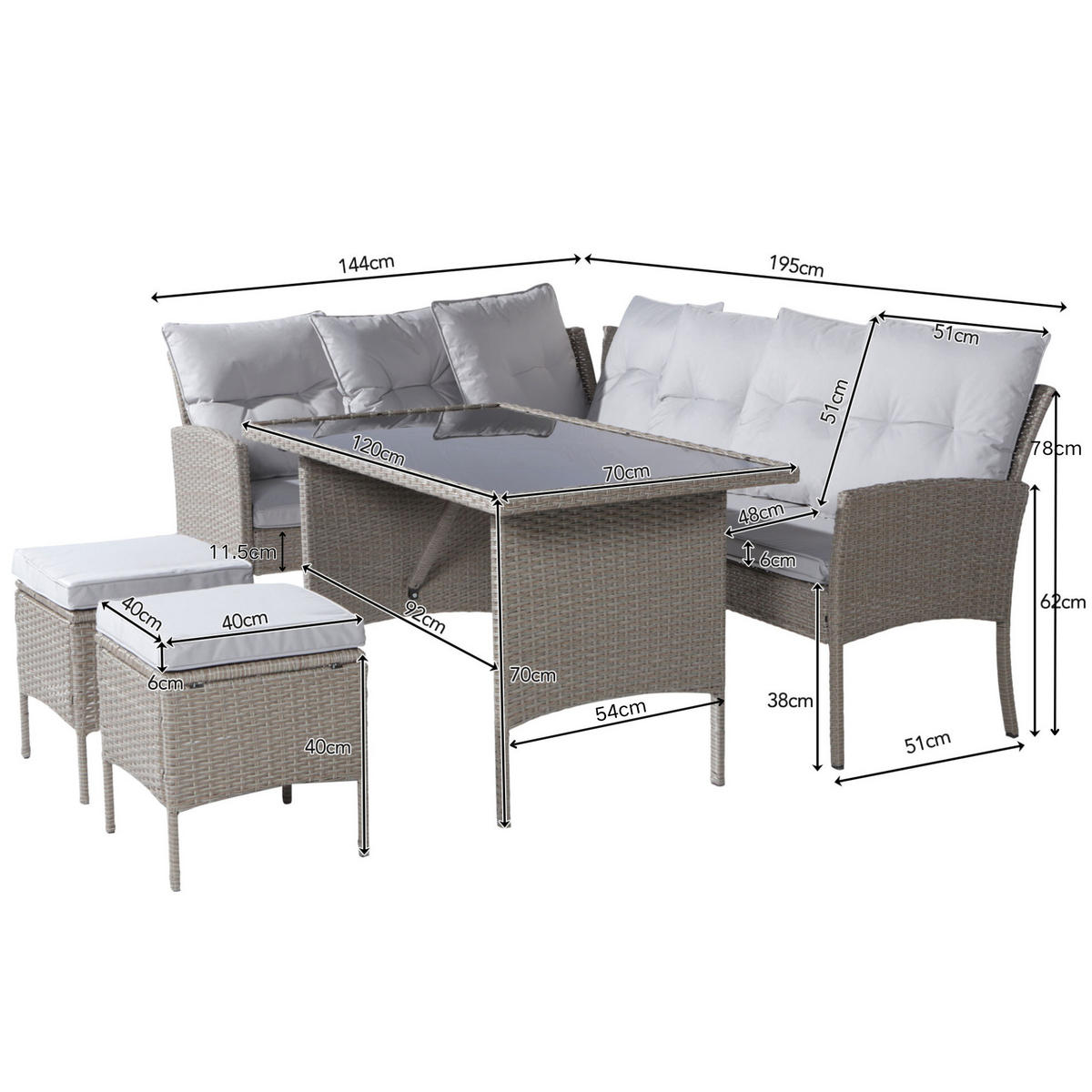 LOUNGESET 7 Personen Khaki Poly Rattan Mit Abnehmbarem Bezug - Hellbraun, Metall - FLIEKS