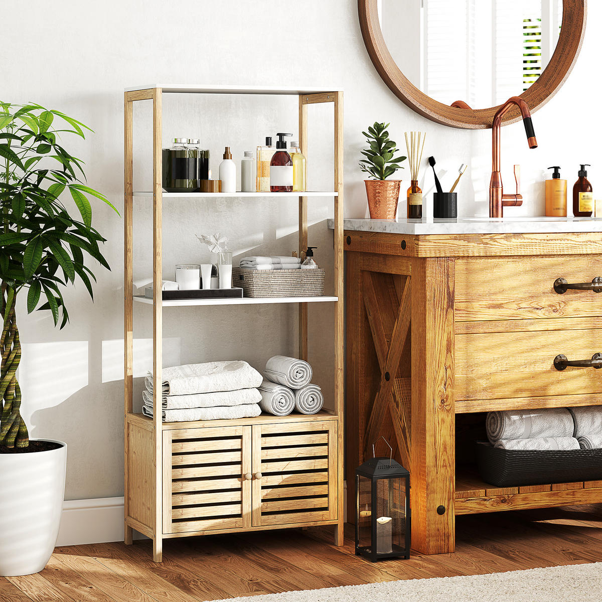 BADEZIMMERSCHRANK Natur und Weiß 63/30/138 cm - Weiß, Holz (63/138/30cm) - PANGIVO