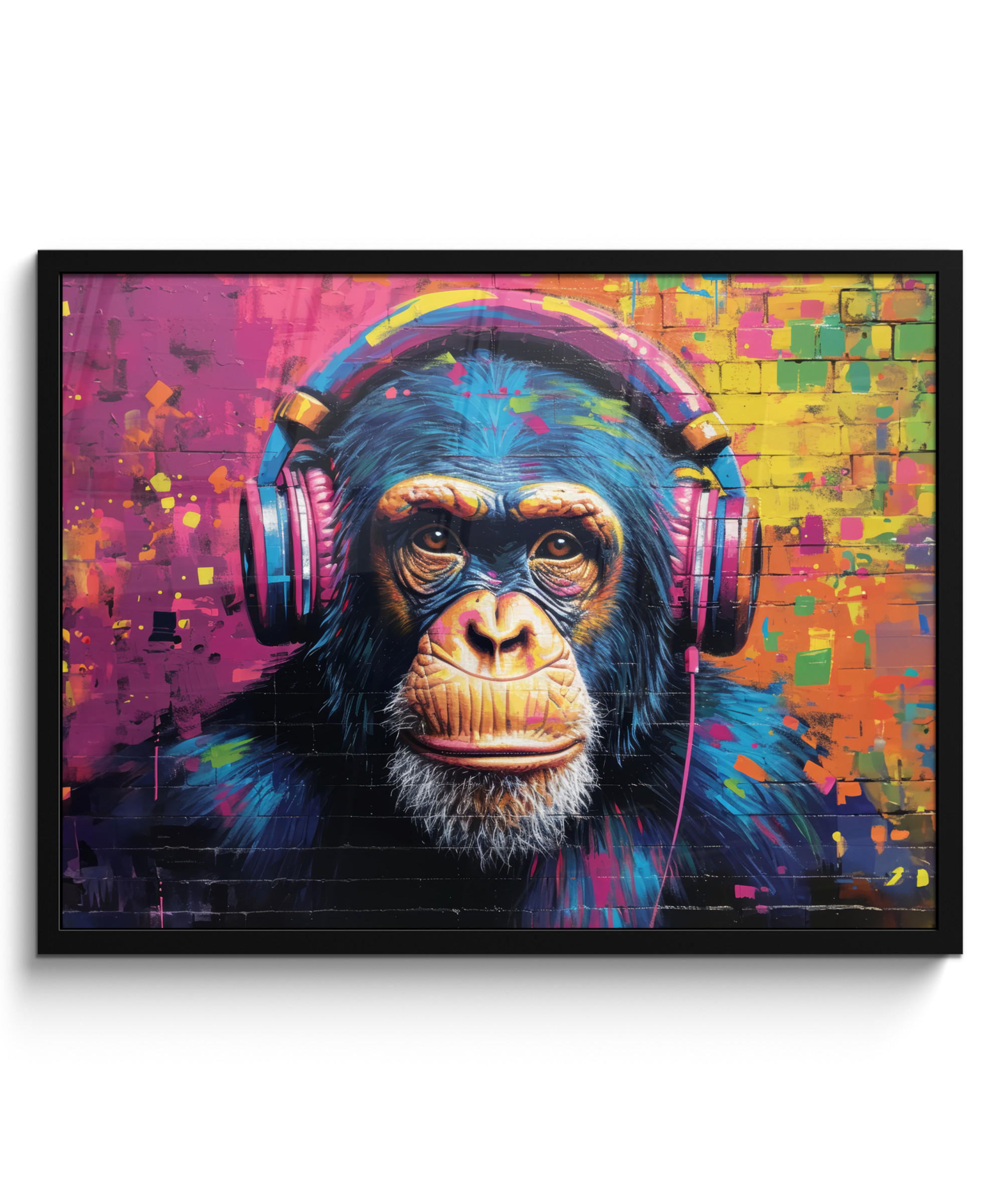 POSTER MIT RAHMEN Graffiti - Schimpanse - Straßenkunst - Kopfhörer - Affe 80x60 cm - Blau, Papier (80/60cm) - MuchoWow
