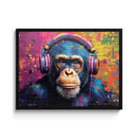 POSTER MIT RAHMEN Graffiti - Schimpanse - Straßenkunst - Kopfhörer - Affe 80x60 cm - Blau, Papier (80/60cm) - MuchoWow
