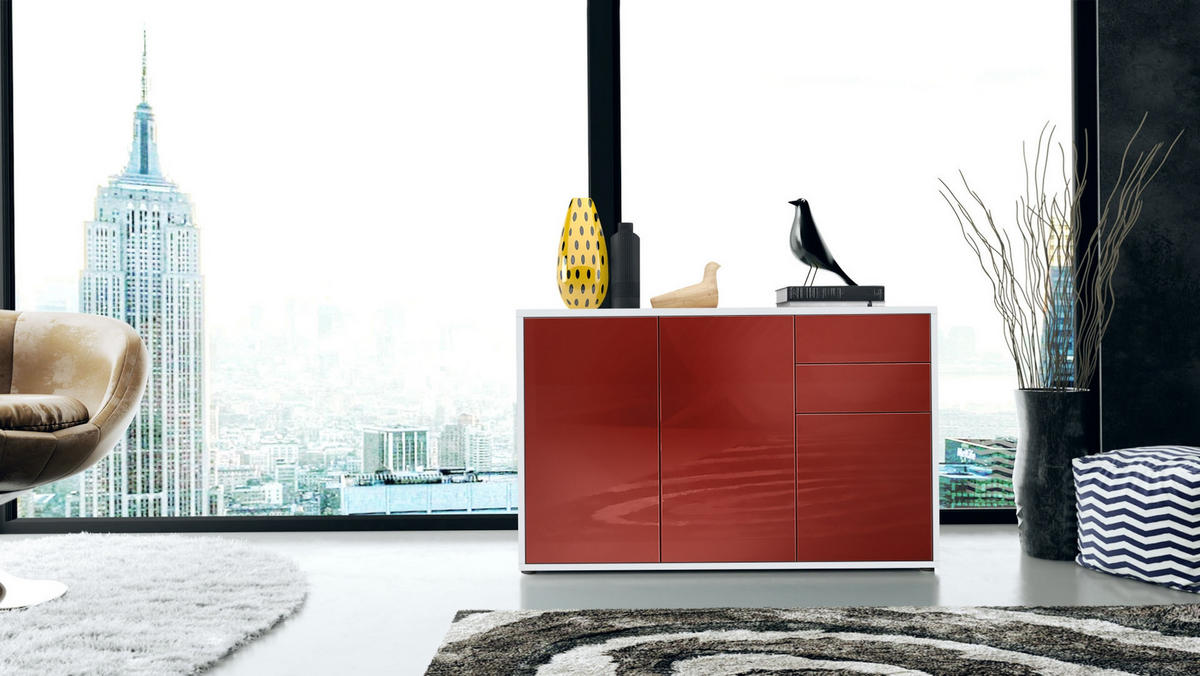 KOMMODE Ben Front in Bordeaux Hochglanz - Bordeaux, Holzwerkstoff (117/74/36cm) - Vladon
