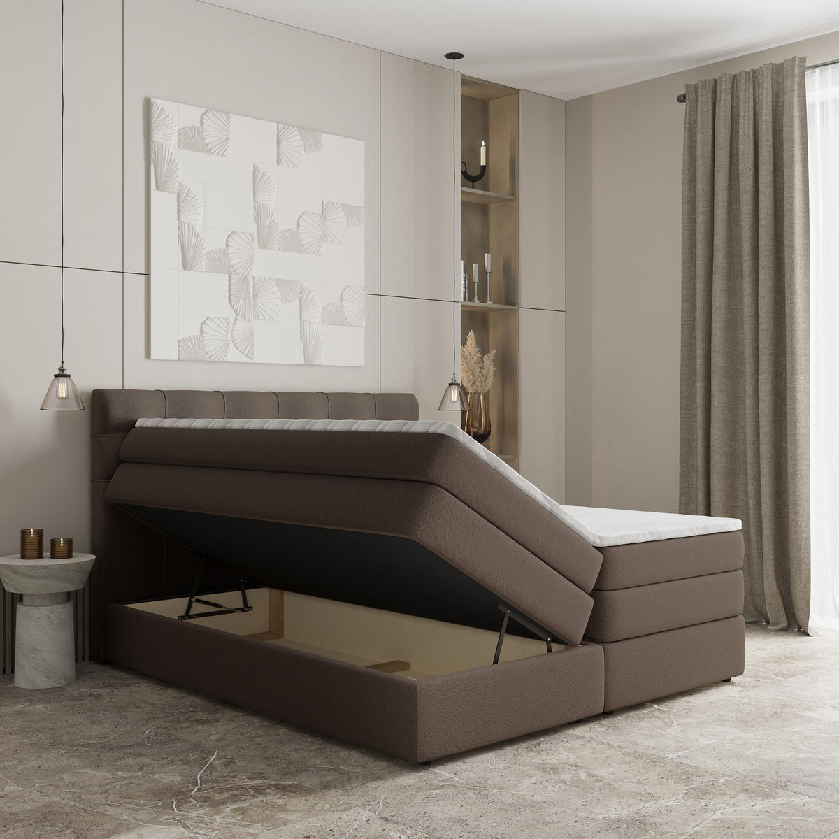 BOXSPRINGBETT AREZI 160x200 cm mit Matratze und Topper - Braun - Braun, Holz (160/200cm) - MASSENO