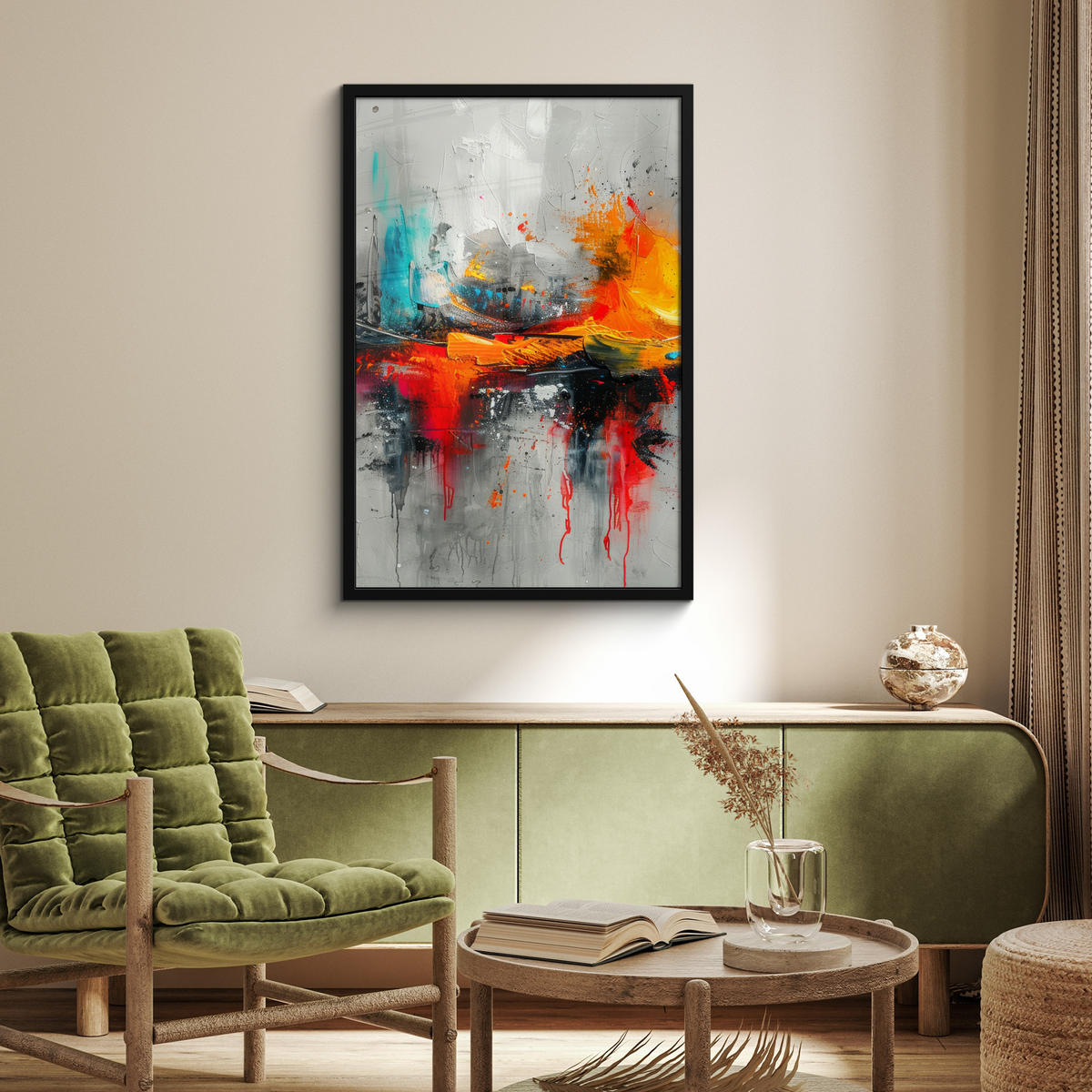 POSTER MIT RAHMEN Moderne Kunst - Orange - Grau - Abstrakt 60x90 cm - Hellgrau, Papier (60/90cm) - MuchoWow