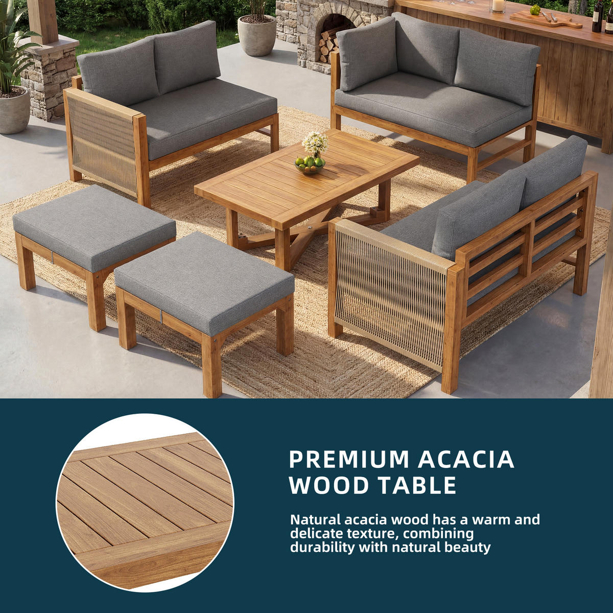 GARTENLOUNGE-SET Modulares Gartenmöbel-Set aus Akazienholz 6-Sitzer Ecksofa - Naturfarben/Grau, Holzwerkstoff/Textil - STILVORA