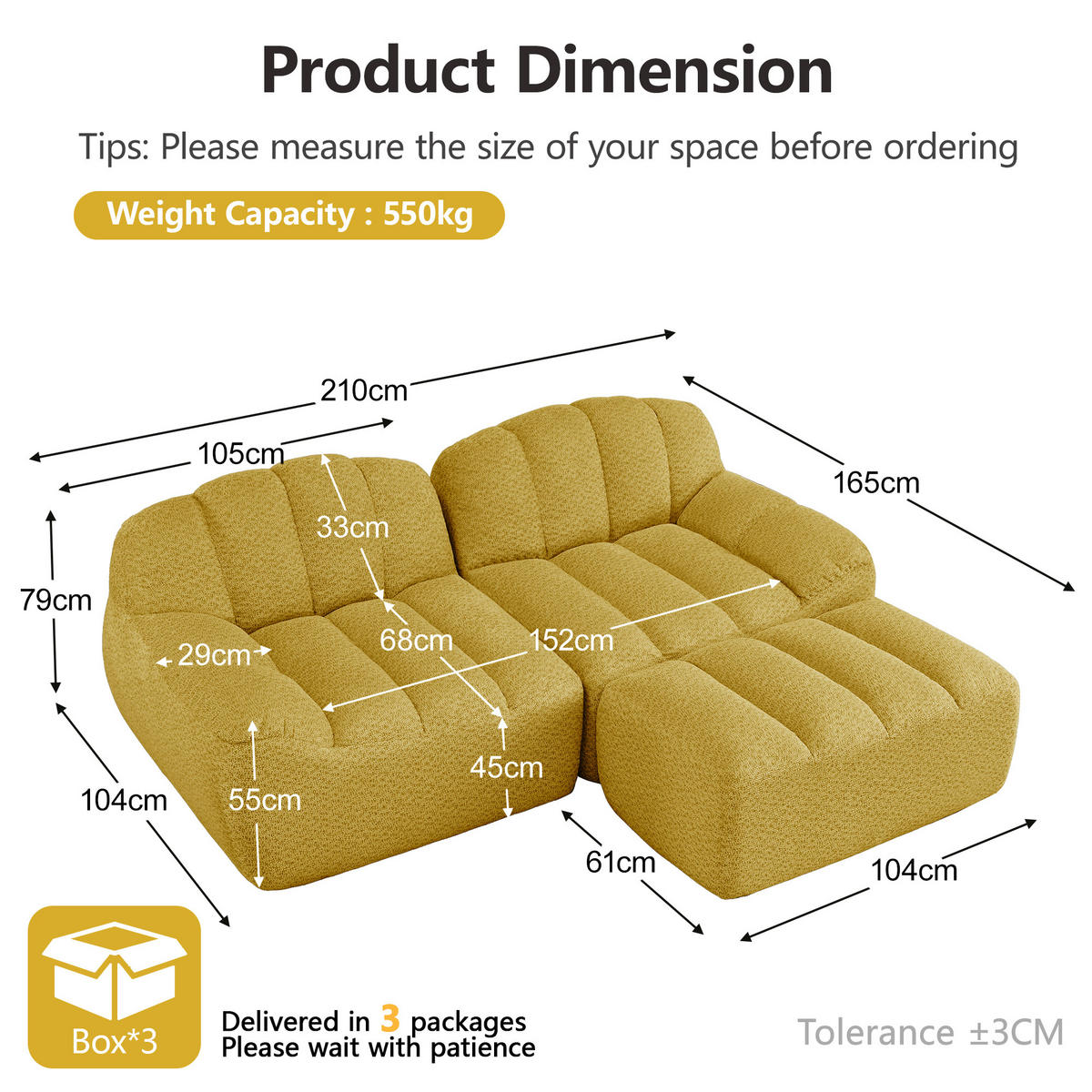 ECKSOFA aus granuliertem Fleece, frameless Lounge-Design ohne Montage - Gelb, Textil (210/165cm) - Urban Meuble