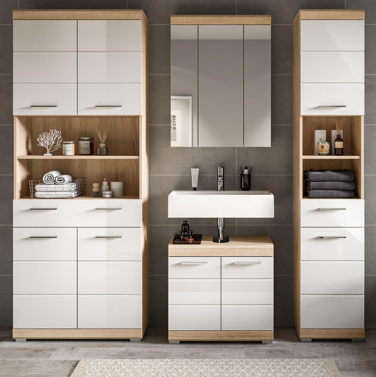 BADMÖBEL-SET weiß Hochglanz, Eiche 4-teilig 186 cm, viel Stauraum - Weiß Hochglanz/Eichefarben, Holzwerkstoff (186/191/34cm) - Inn.Furn