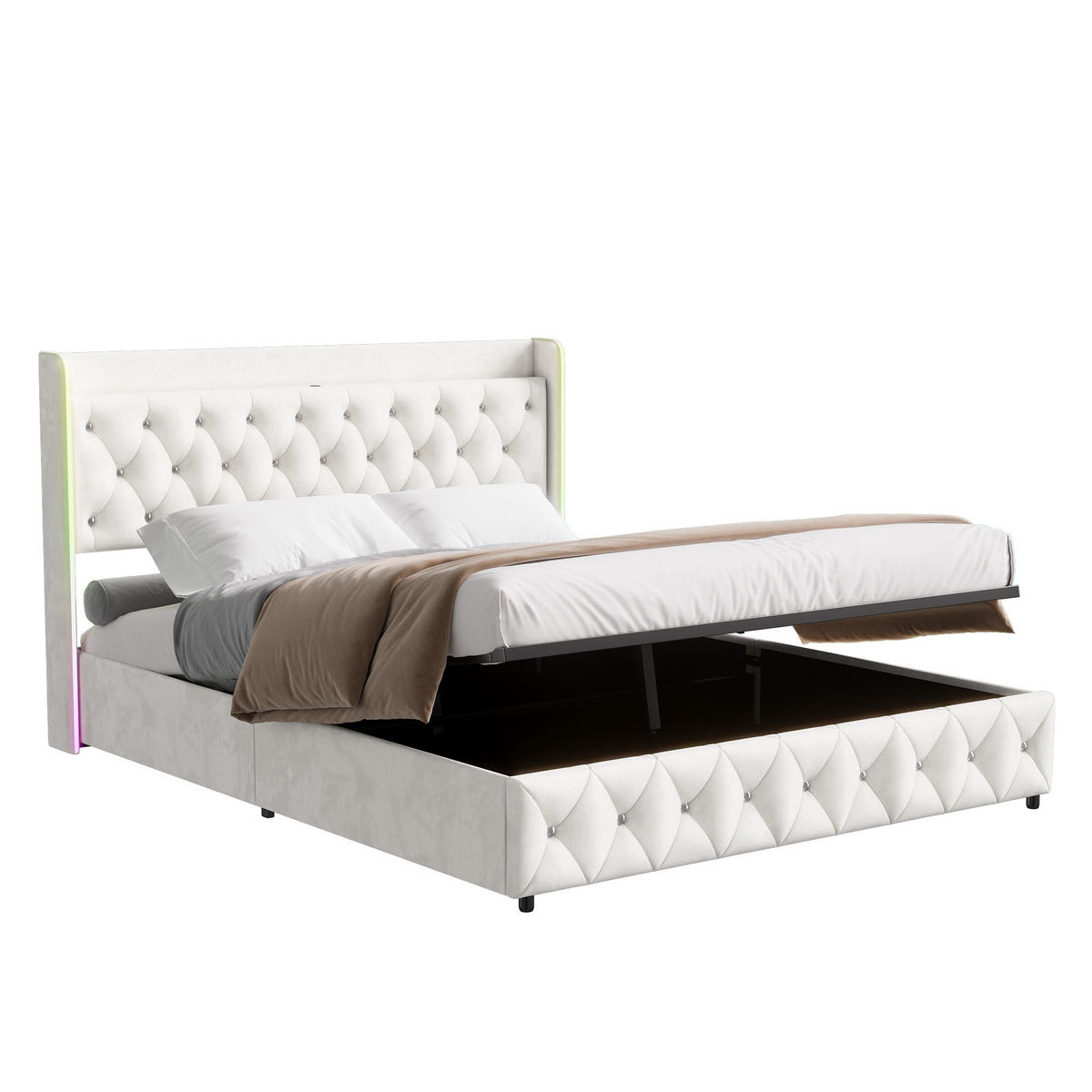 POLSTERBETT 160x200 cm LED USB C Stauraum Lattenrost Samt beige - Beige, Holz (160/200cm) - LEBENLANG