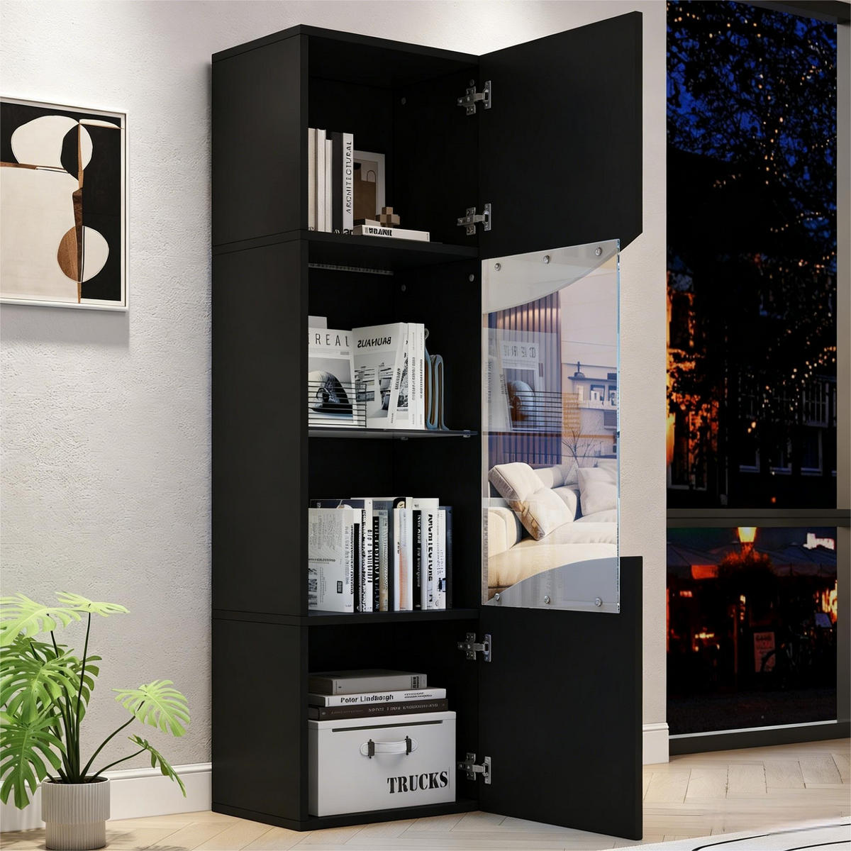VITRINE LED Hochglanz Vitrinenschrank Wellenoptik 165cm Schwarz - Schwarz, Holzwerkstoff (35/165/50cm) - FLIEKS