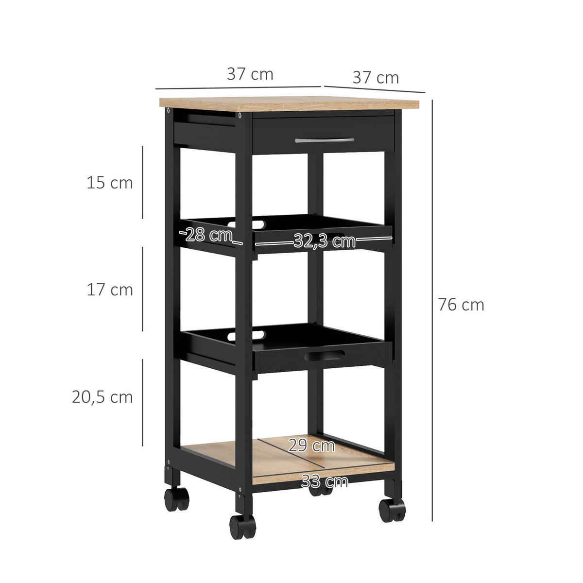 SERVIERWAGEN DE-17115 Schwarz & Hell-Eiche - Schwarz, Holz (37/76/37cm) - ComfortXL