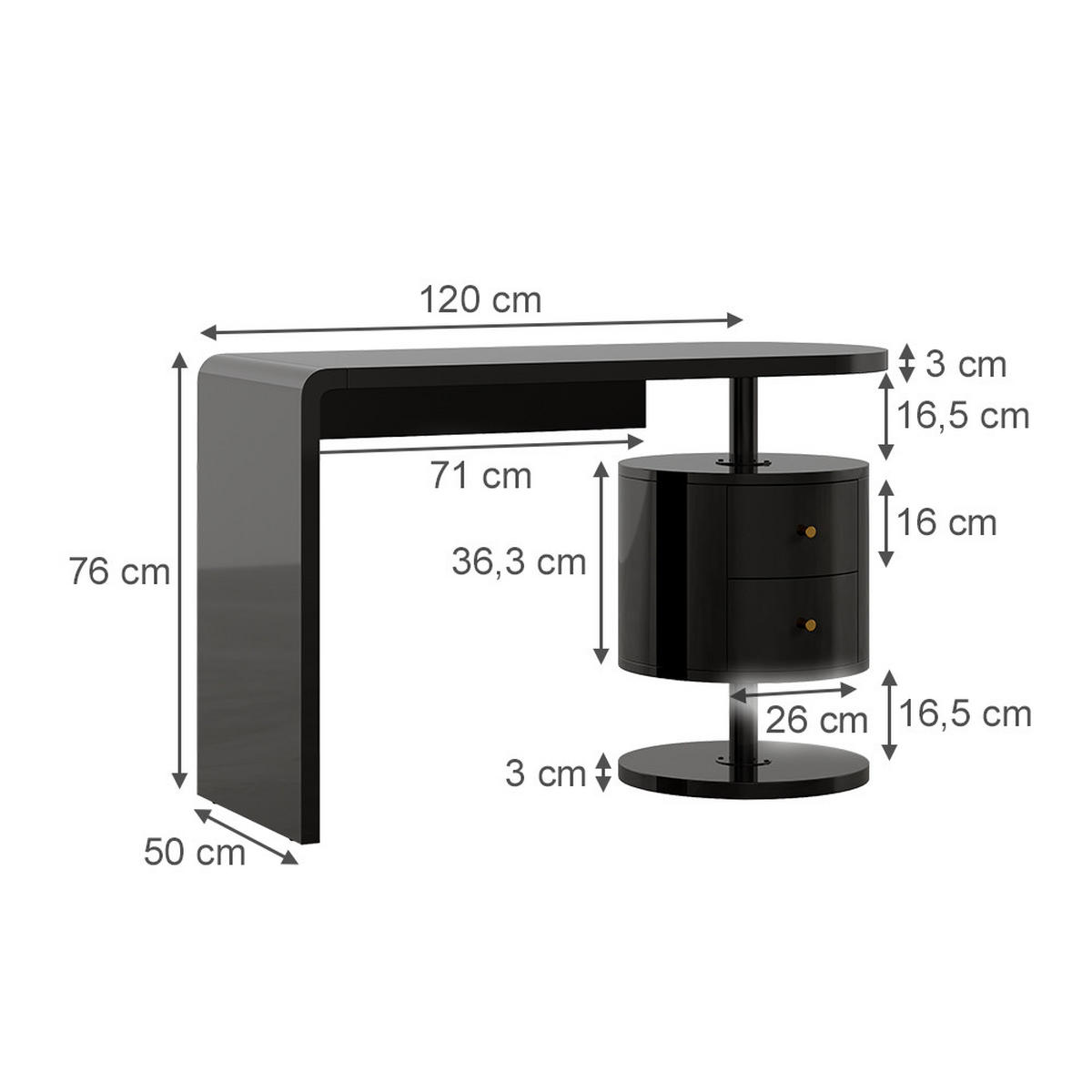 SCHMINKTISCH Lara Schwarz Hochglanz 120 cm mit 2 Schubladen - Schwarz Hochglanz, Holzwerkstoff (50/120/76cm) - Vicco