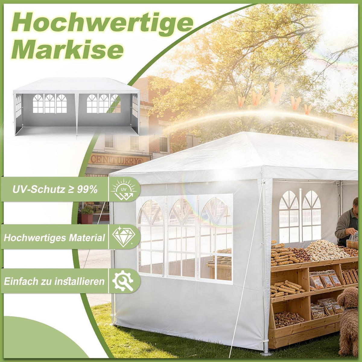 GARTENZELT 3 x 6 m Wasserdicht mit 6 Seitenwänden Weiß - Weiß, Textil (600/250/300cm)