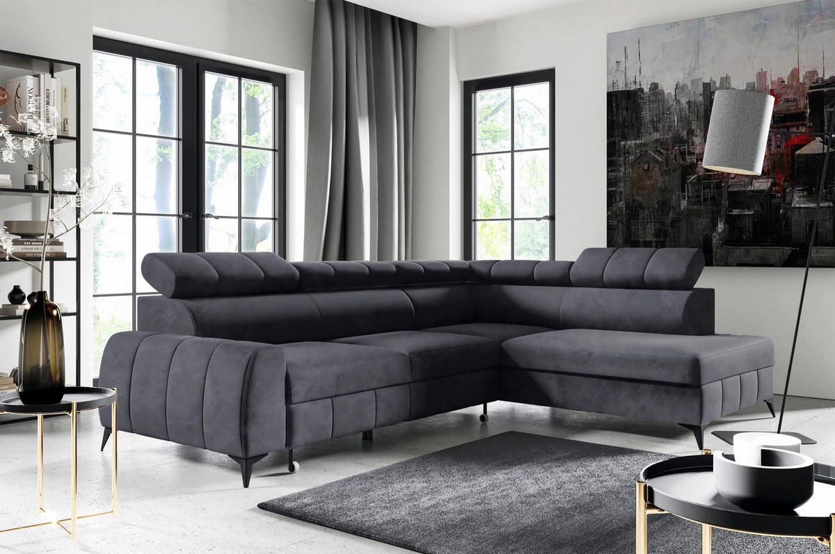 ECKSOFA London Dunkelgrau Velours - Dunkelgrau/Schwarz, Textil/Metall (203/274cm) - Selsey