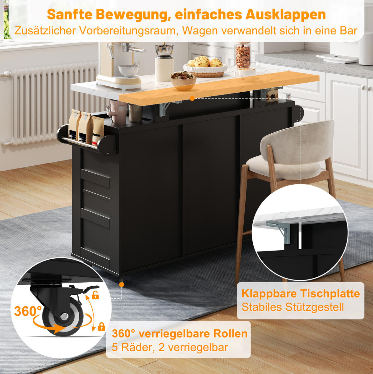 KÜCHENINSEL aus MDF 138x60x93 cm Schwarz mit klappbarer Arbeitsplatte, LED-Beleuchtung und 5 Rollen - Schwarz, Holzwerkstoff (138/93/60cm) - Modfu