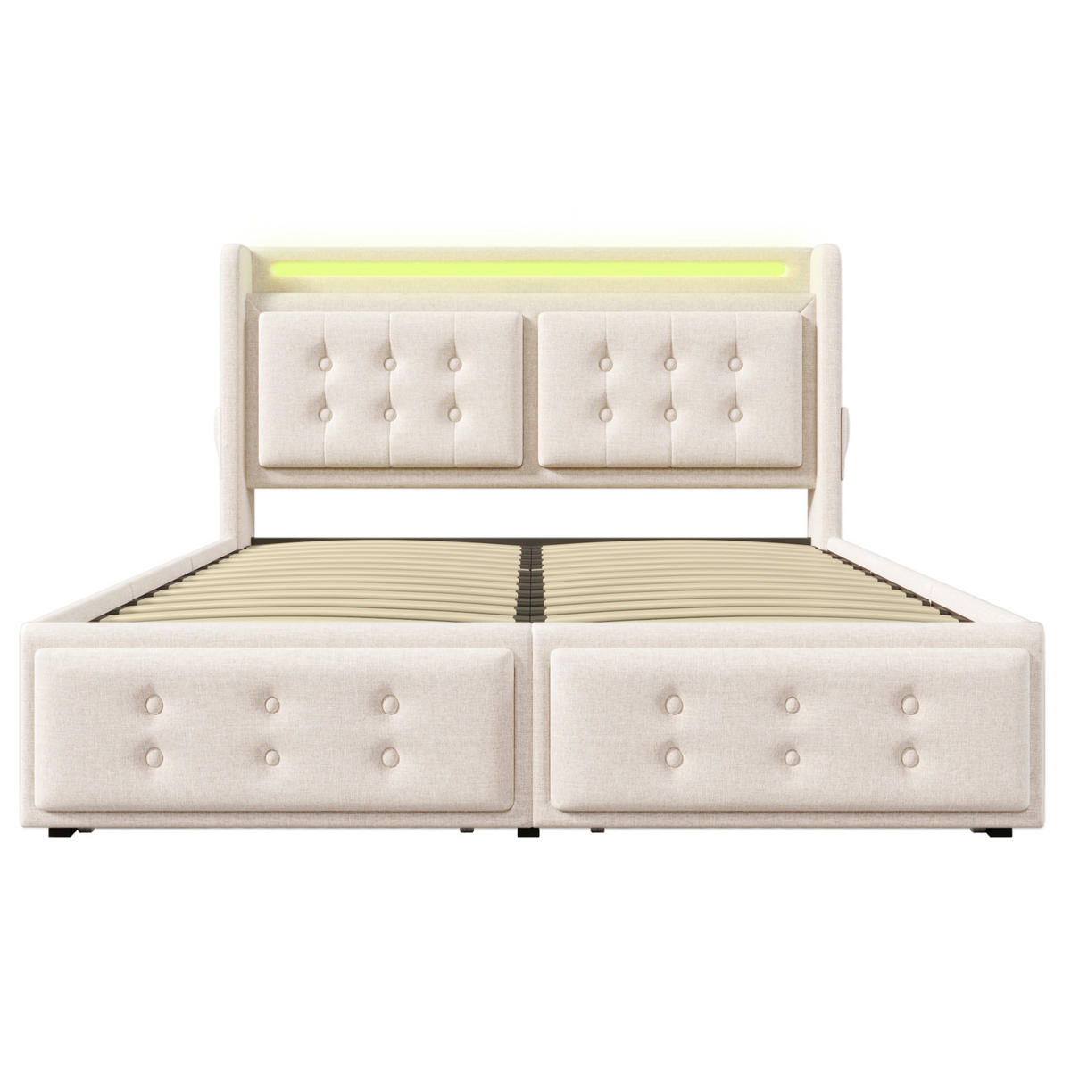 BETT mit Matratze 140x200 cm Beige Baumwoll-Leinen mit LED und 4 Schubladen - Beige, Metall (140/200cm) - Meubliv