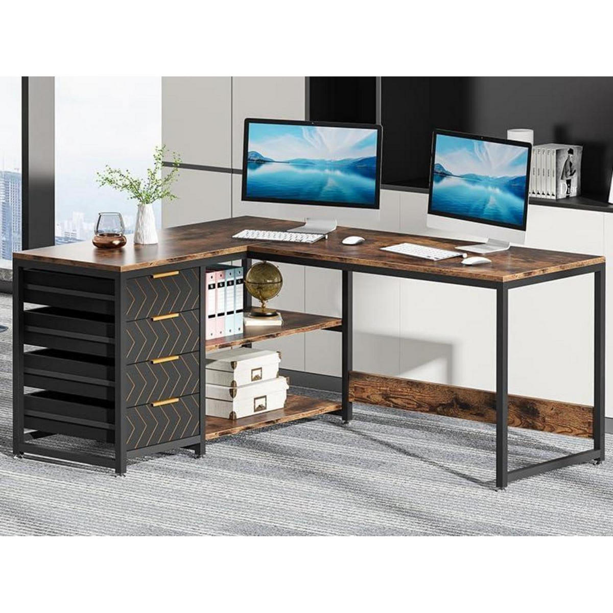 SCHREIBTISCH L-Form mit 4 Schubladen und 2 Ablagen braun 150 x 110 x 75 cm - Braun, Holzwerkstoff (150/110/75cm)