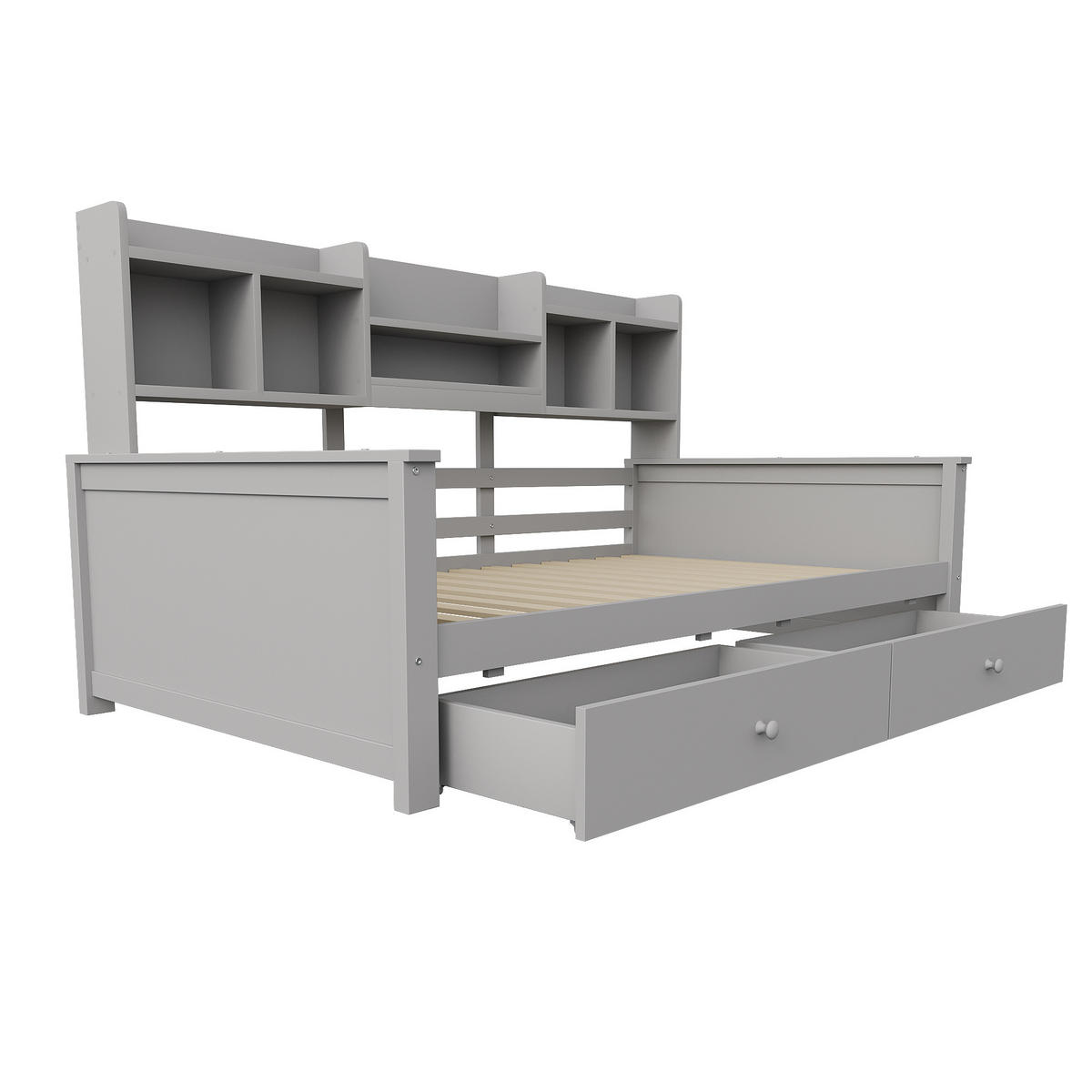 KINDEREINZELBETTEN aus Massivholz 90x200 cm in Grau mit Schubladen & Regalfächern - Grau, Holzwerkstoff (90/200cm) - Modfu