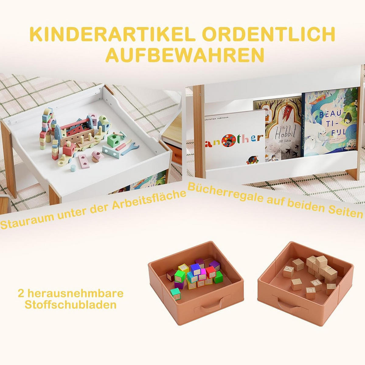 KINDERTISCH mit Stuhl natur(3-tlg) - Naturfarben, Holzwerkstoff (61.5/48/61.5cm) - COSTWAY