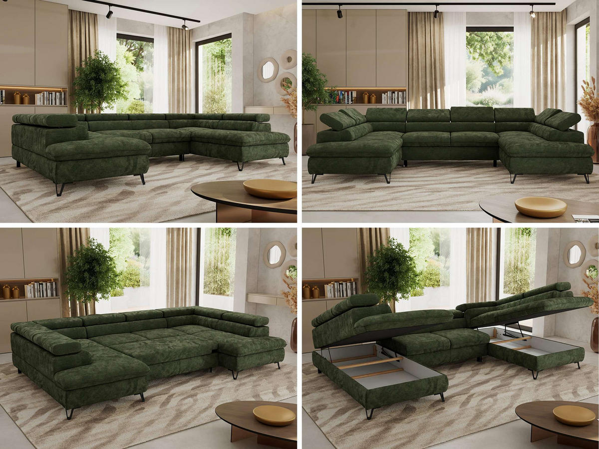 WOHNLANDSCHAFT PABLO U Schenille glatt Dunkelgrün mit Topper T25 - Dunkelgrün/Schwarz, Textil/Metall (346/76/208cm) - MKS