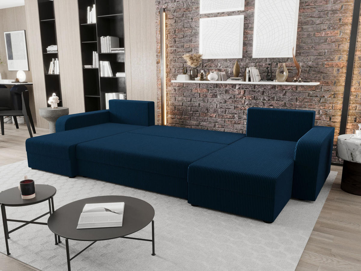 WOHNLANDSCHAFT HEWLET U BIS Zoom 13 mit Schlaffunktion - Dunkelblau, Textil (305/90/140cm) - Bedante