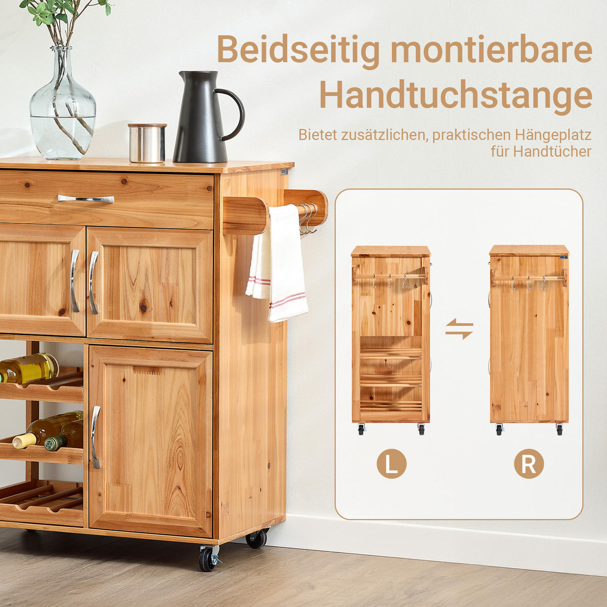 SERVIERWAGEN aus Holz, 66×86×38cm - Naturfarben, Holz (66/86/38cm) - SoBuy