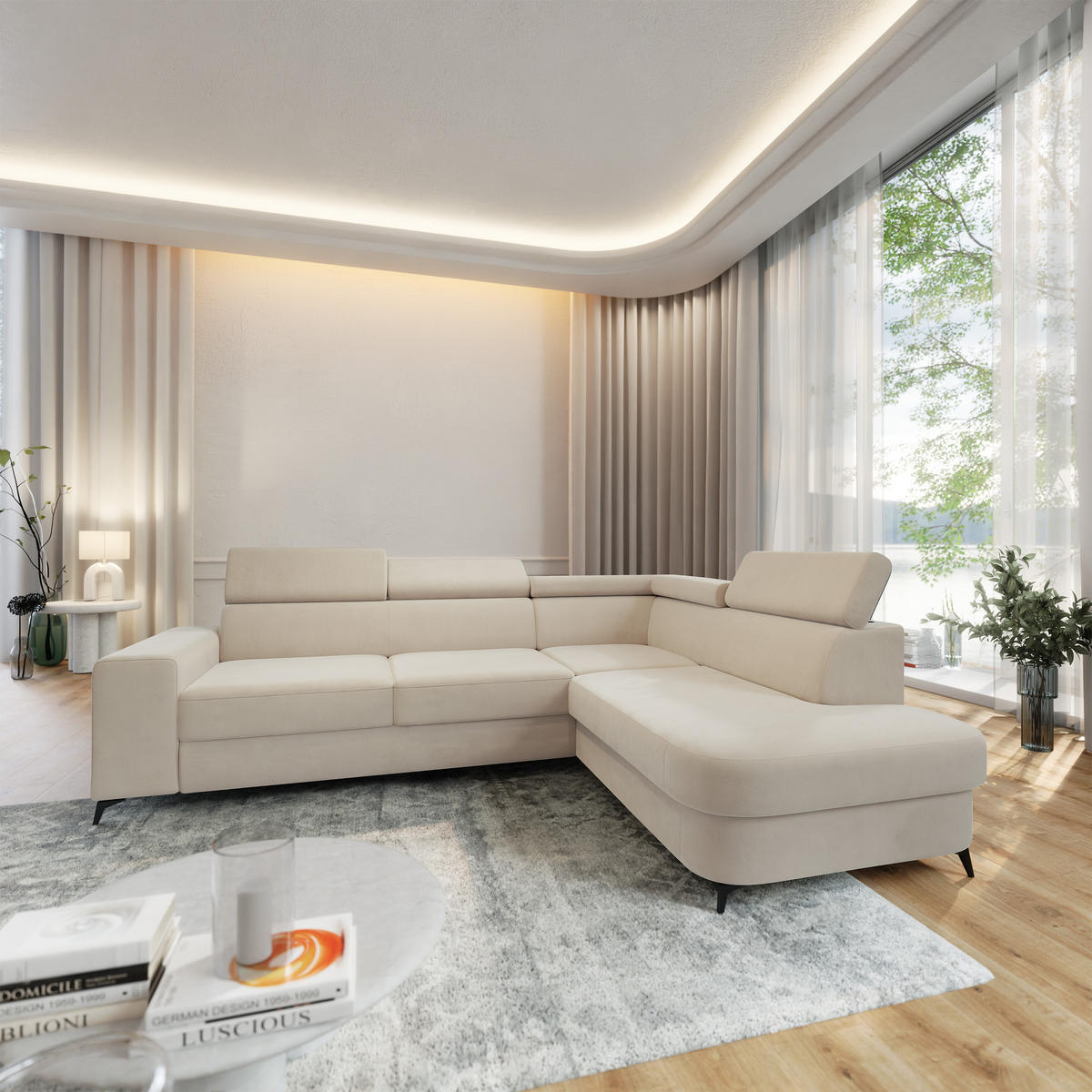 ECKSOFA ALVORO R-S Creme Velours-Stoff mit Schlaffunktion - Creme, Holz (253/190cm) - MASSENO