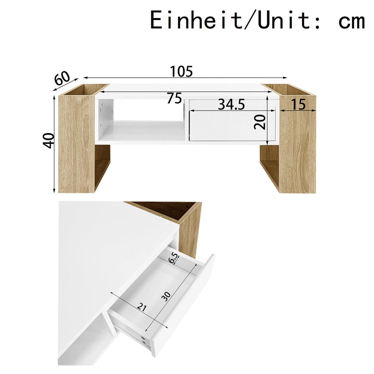 COUCHTISCH 105/60/40 cm Weiß und Holz mit hochglänzender Oberfläche und Schubladen - Weiß, Holzwerkstoff (105/60/40cm) - OKWISH
