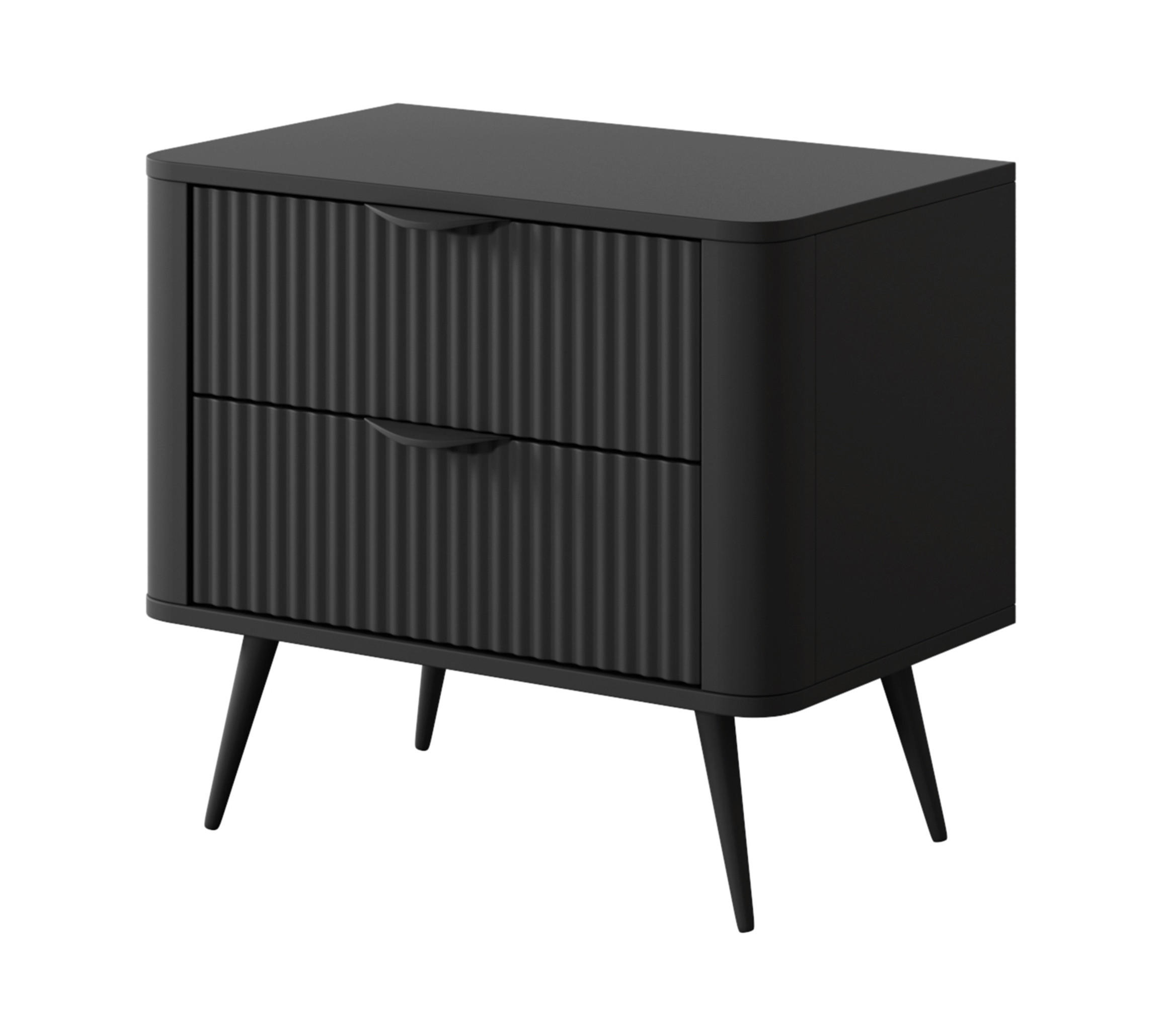 NACHTTISCH Vespasia 2S Schwarz 63,2/55,3/38 cm – Geriffelten Fronten - Schwarz, Holzwerkstoff/Metall (63.2/55.3/38cm) - AX Living