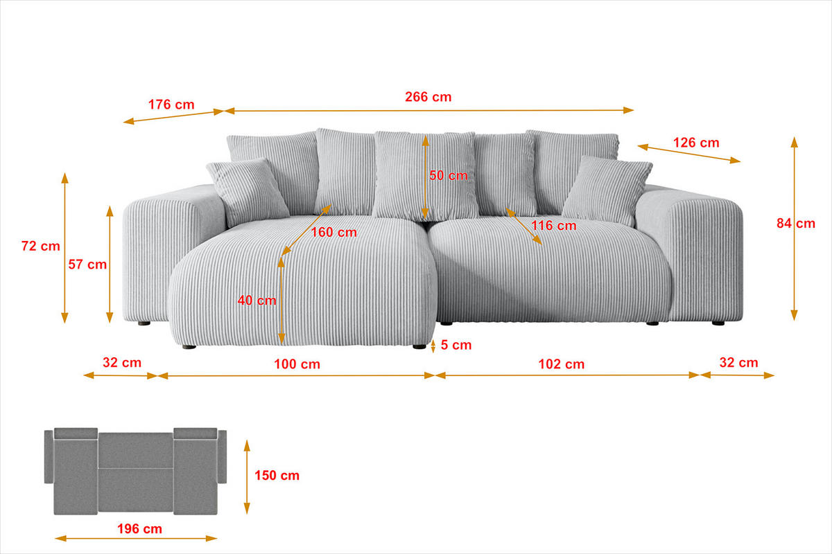 ECKSOFA Ottomane links ESKAR-L 266x176x84 Grau Cord - Schwarz/Grau, Holzwerkstoff/Kunststoff (266/176cm) - ALTDECOR