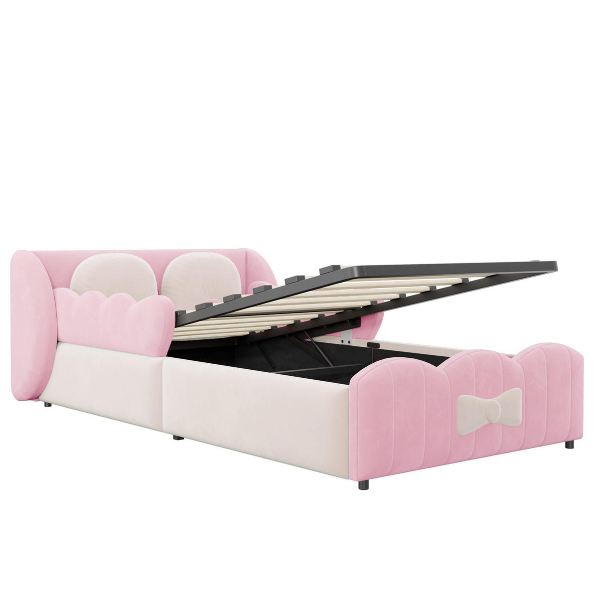 KINDER-POLSTERBETT aus Samt 90x200 cm Rosa mit hydraulischem Stauraum und 2 Zierkissen - Pink, Textil (90/200cm) - Modfu