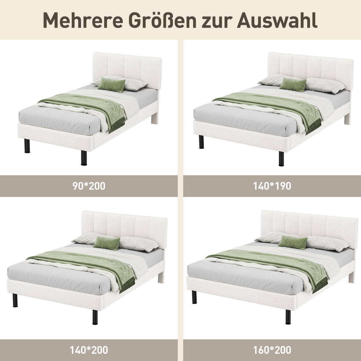POLSTERBETT 140x190 Lattenrost Eisenfüße Sherpa Stoff Beige - Beige, Textil (140/190cm) - FLIEKS